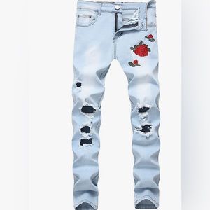 Men's Skinny Slim Fit Ripped Distressed Jeans with Roses